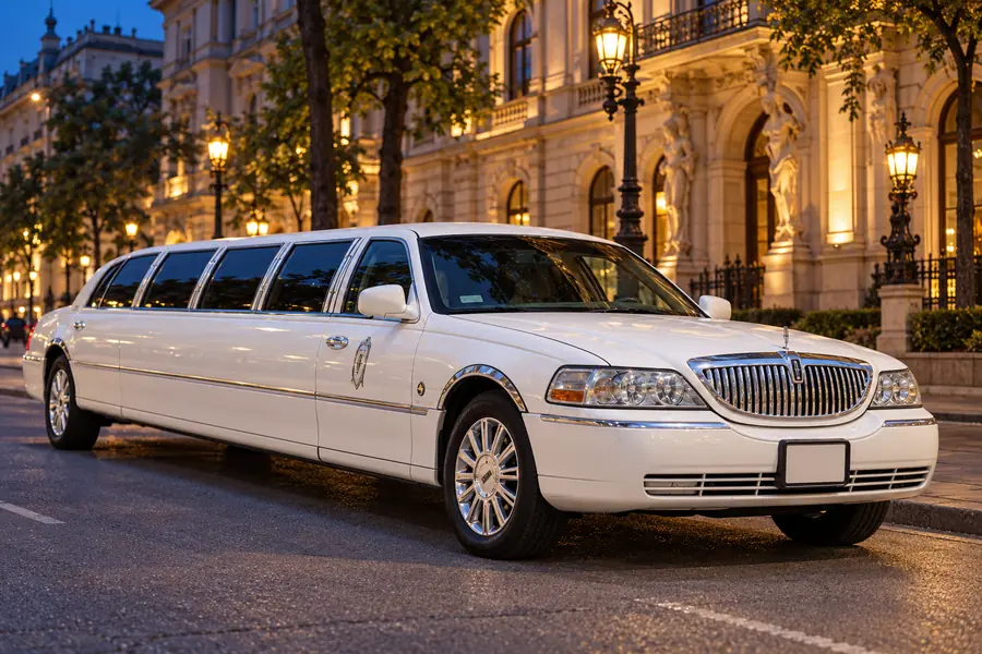 White Lincoln stretch limousine on a Budapest street at dusk