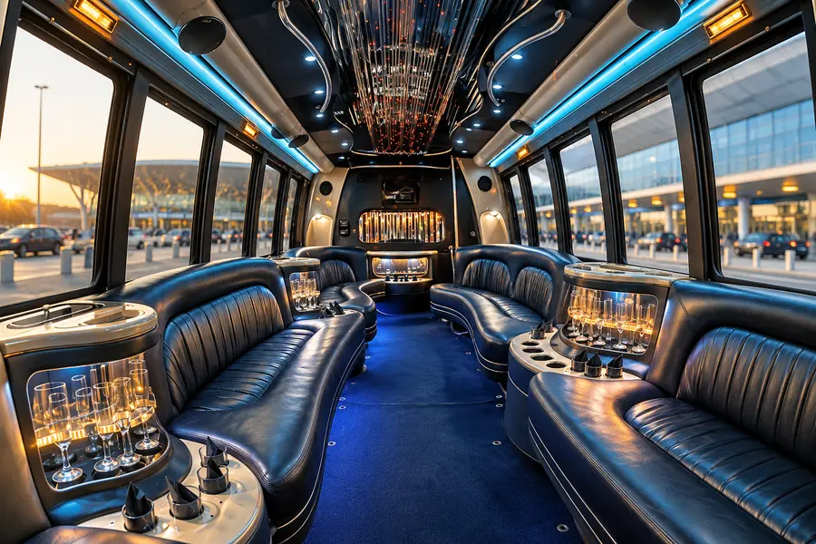 Party bus interior with leather lounge seating and blue lighting in Budapest.