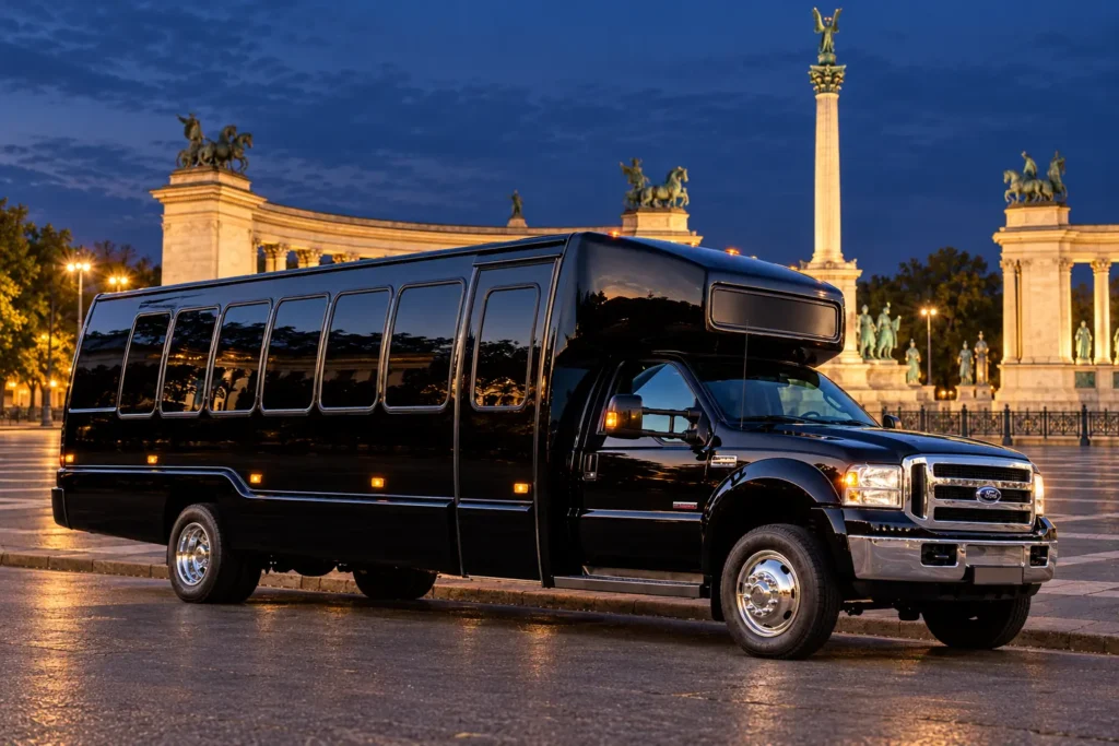 Black party bus in Budapest at Heroes’ Square in the evening.