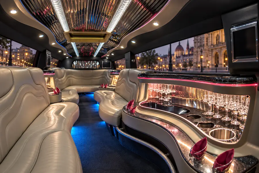 Pink Hummer limousine interior with cream leather seating and an illuminated bar.