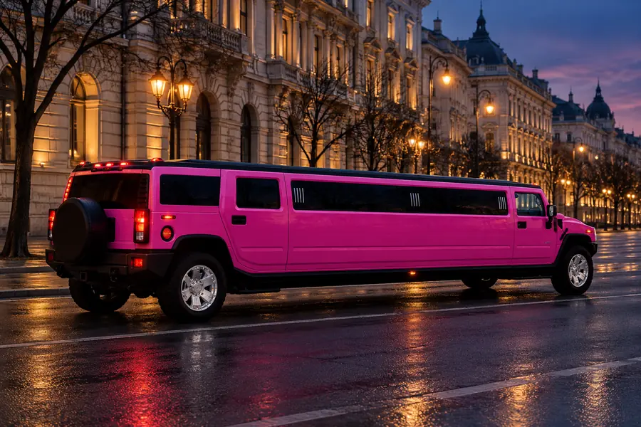 Pink Hummer stretch limousine parked beside illuminated Budapest buildings.