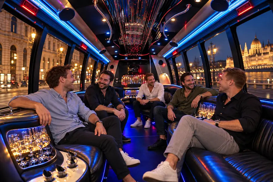 Stag group seated inside a Budapest party bus with blue lighting.