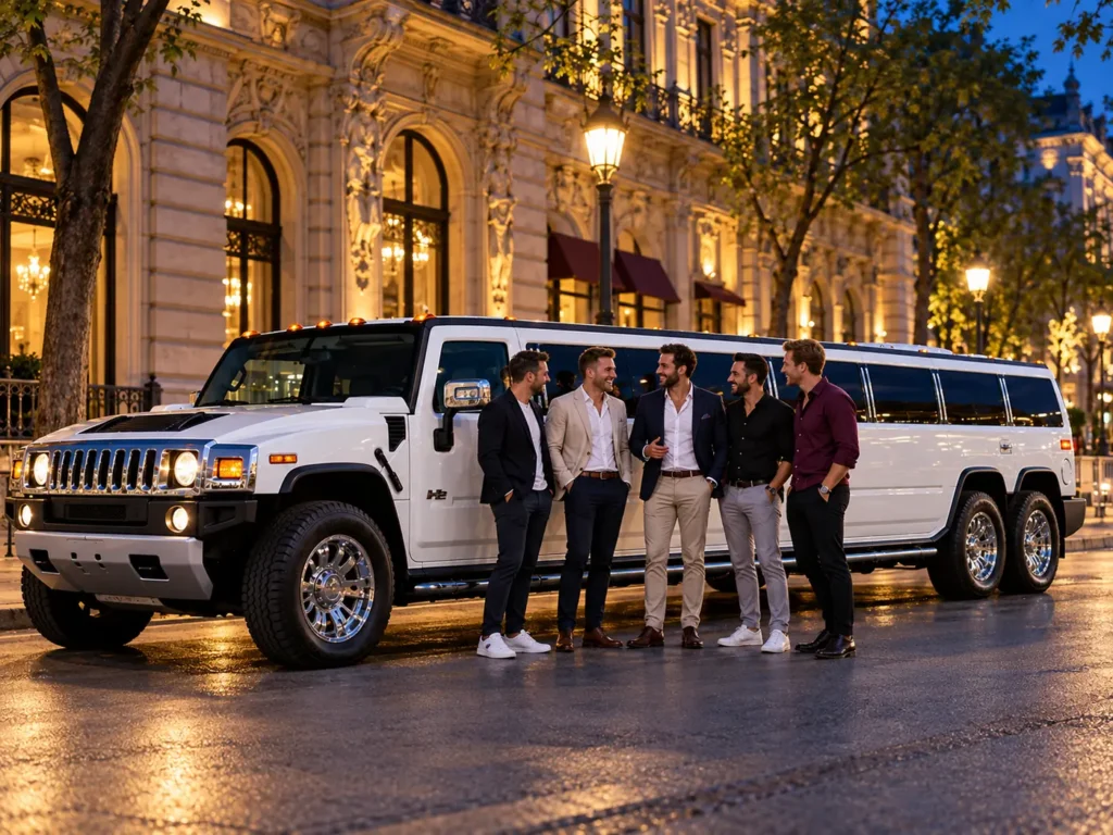 Stag group beside a white Hummer limousine with twin rear axles in Budapest