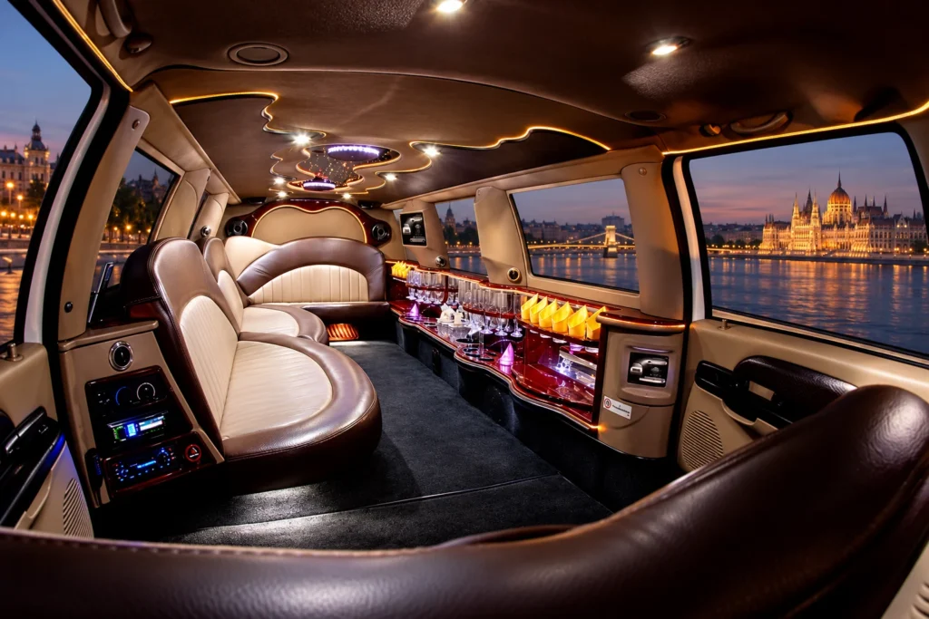 Ford Excursion limo interior with cream and brown leather seating, a long wooden bar and illuminated ceiling.
