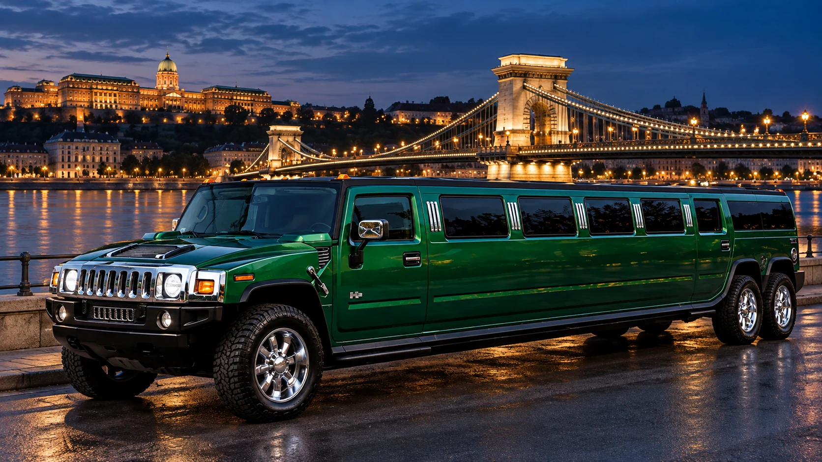 Deep green Hummer stretch limousine beside the Danube, with Budapest’s illuminated Chain Bridge in the background.