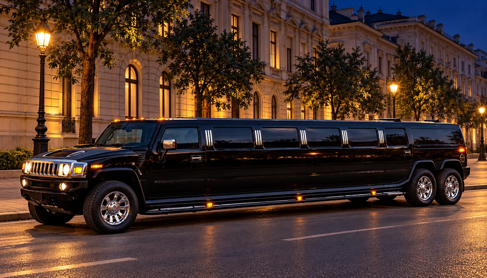 Black Hummer XL limousine with twin rear axles on a Budapest street at dusk.