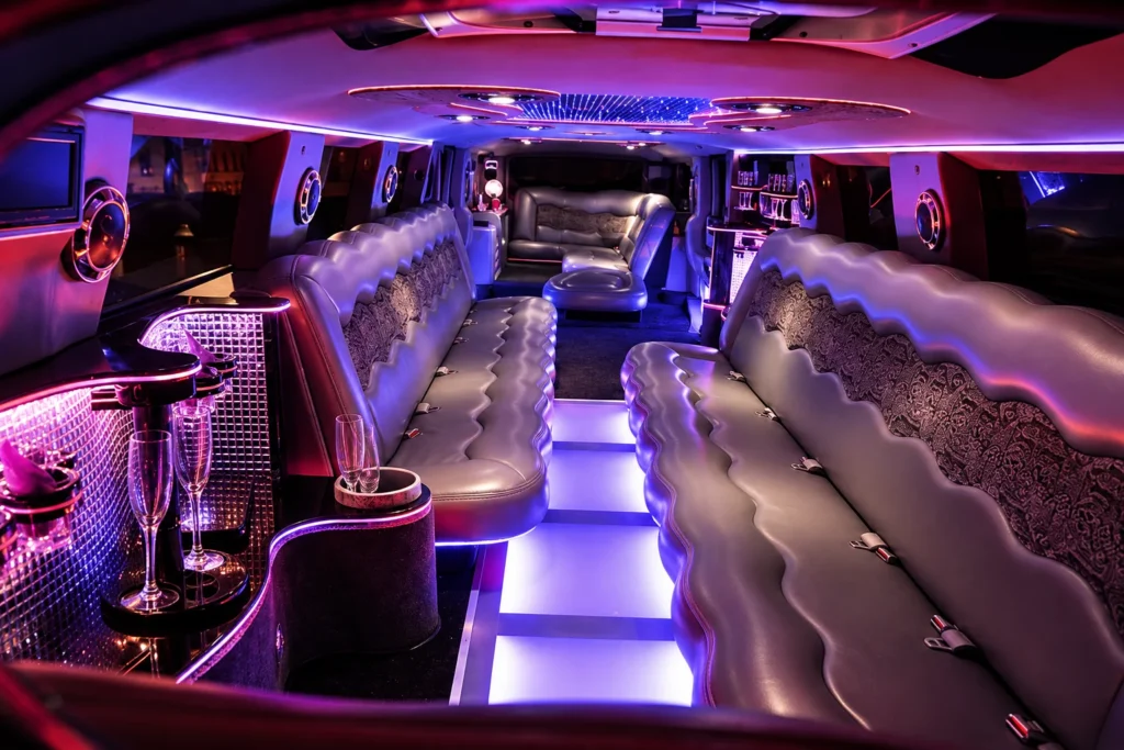 Hummer XL limousine interior with sculpted leather benches, illuminated flooring and mirrored bar panels