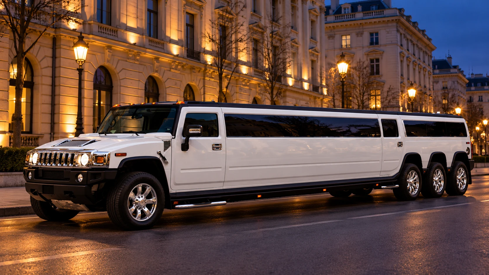 White Hummer XXL limousine with three rear axles on a Budapest avenue at dusk.