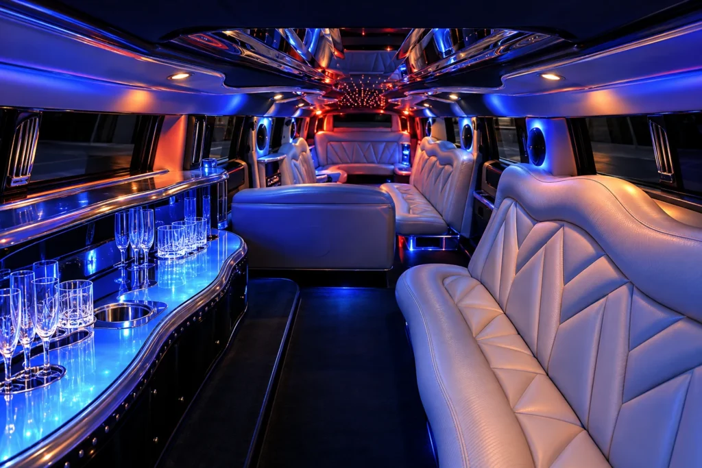 Hummer XXL limousine interior with pale leather seating, blue lighting and an illuminated bar.