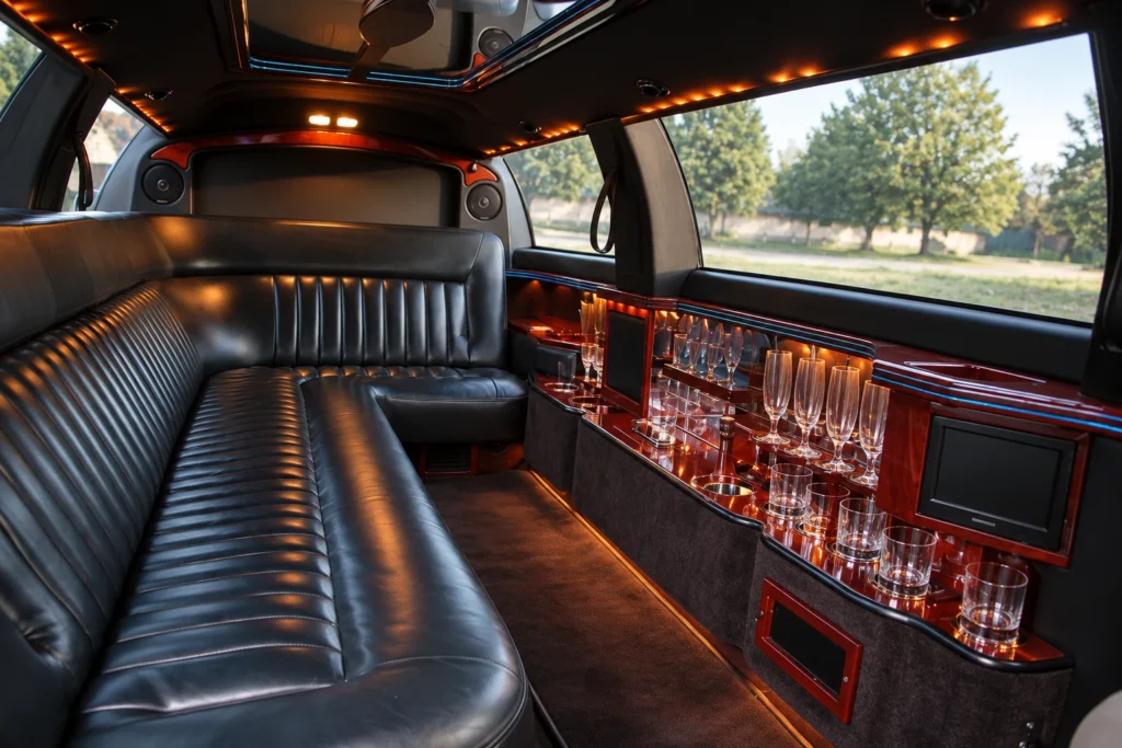 Lincoln limo interior with black leather seating, a wood-trimmed bar and warm amber lighting.