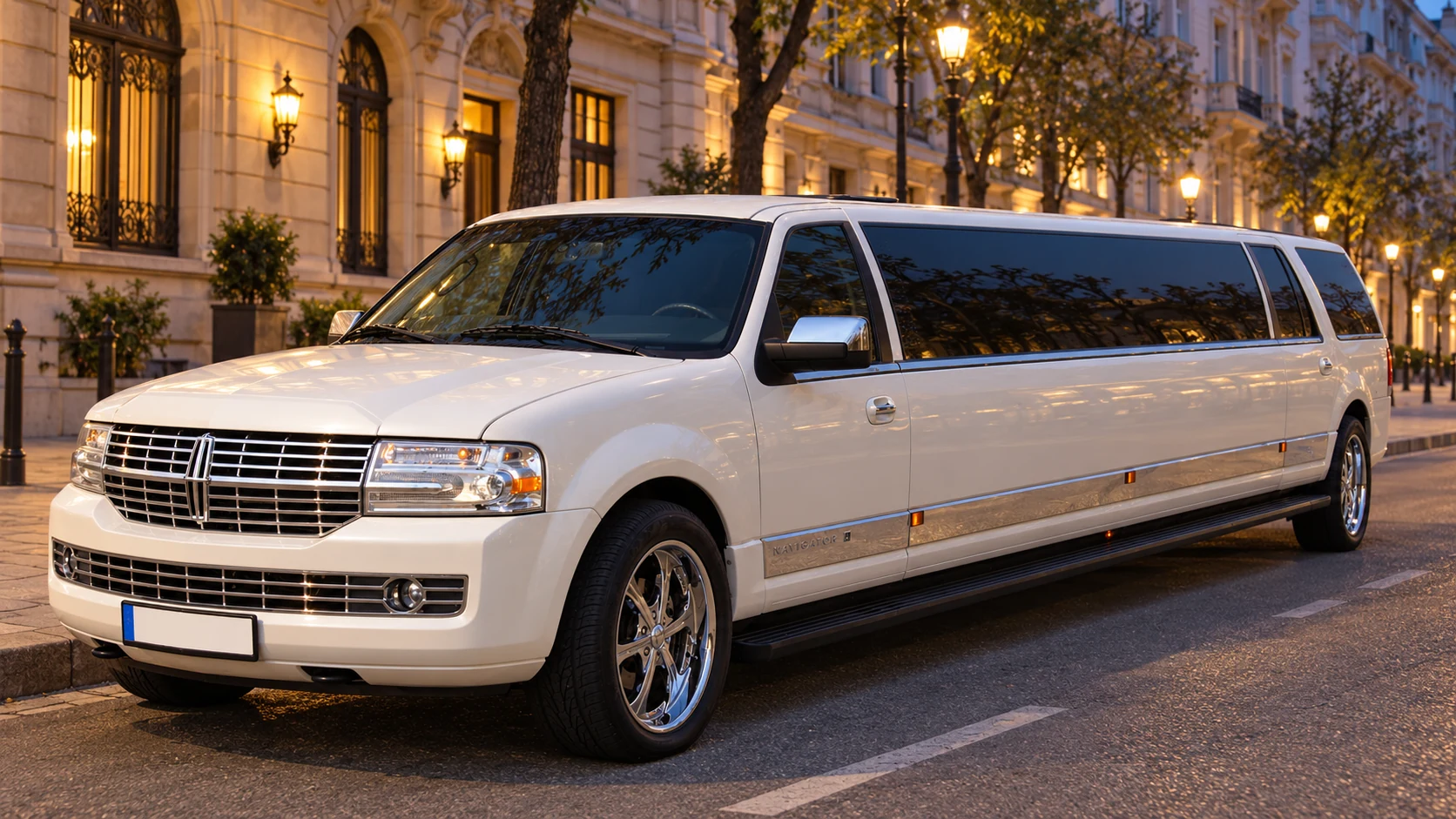 White Lincoln Navigator stretch limousine on an elegant Budapest street at dusk.