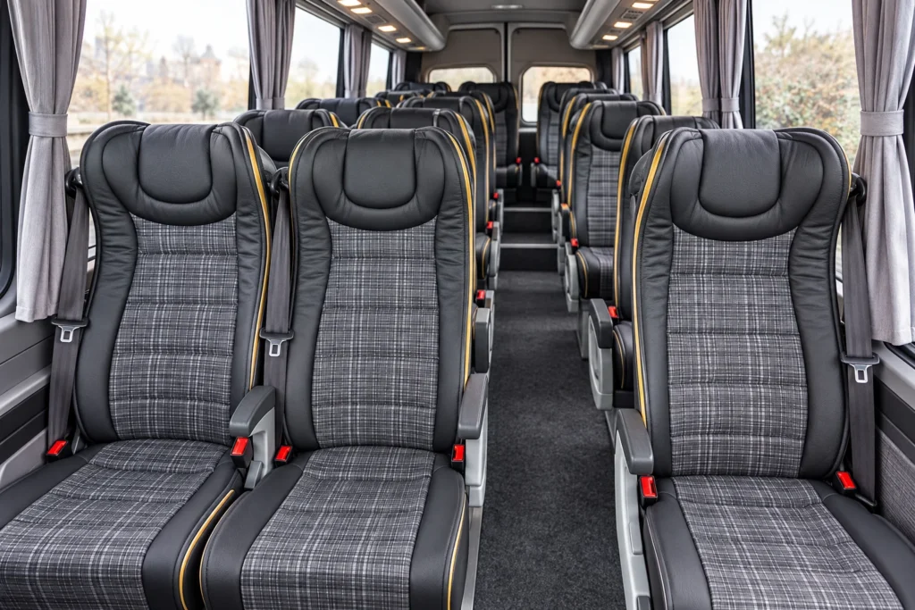 Minibus interior with grey individual seats, armrests, seat belts and a central aisle.
