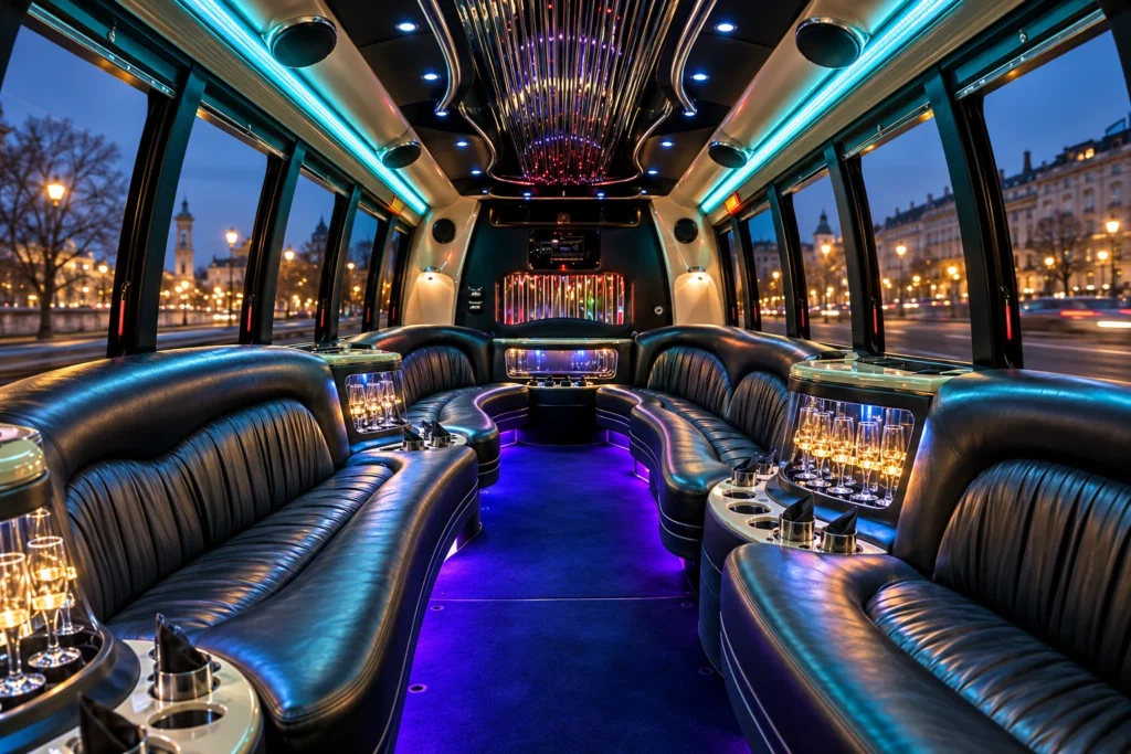Budapest party bus interior with black leather benches, tall windows and illuminated bar consoles.