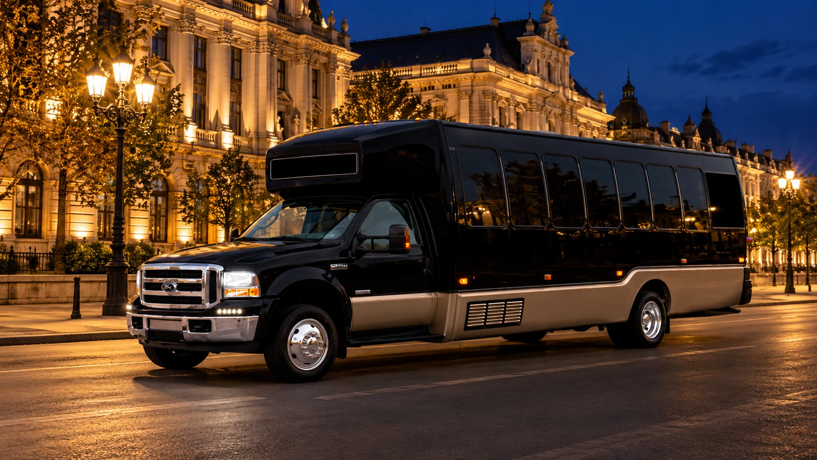 Black American-style party bus with a champagne-coloured lower body on a Budapest street at dusk.