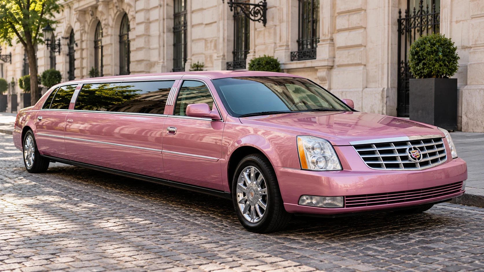 Pink Cadillac stretch limousine with a chrome grille on a sunlit Budapest street.