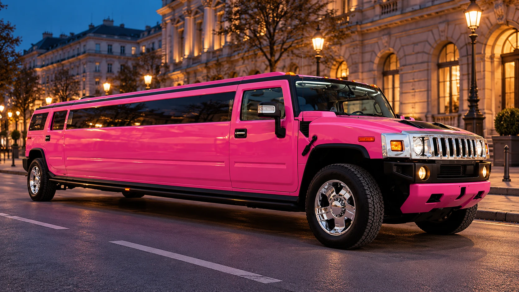Hot-pink Hummer H2 stretch limousine with chrome wheels on a Budapest street at dusk.