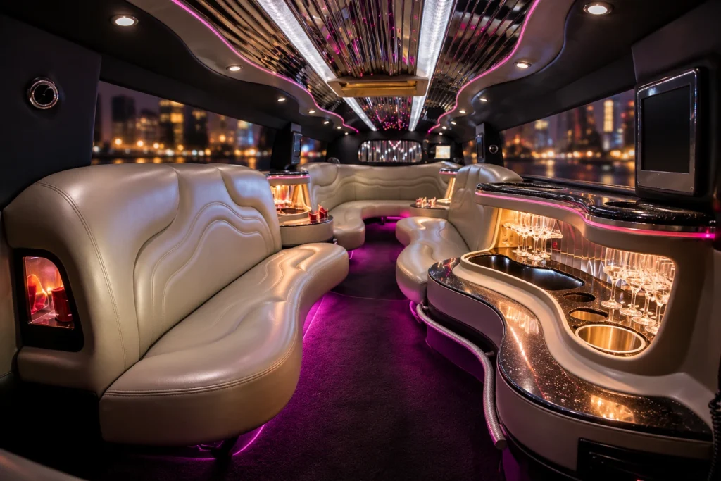 Pink Hummer limousine interior with pale leather seats, a mirrored ceiling and a curved bar.