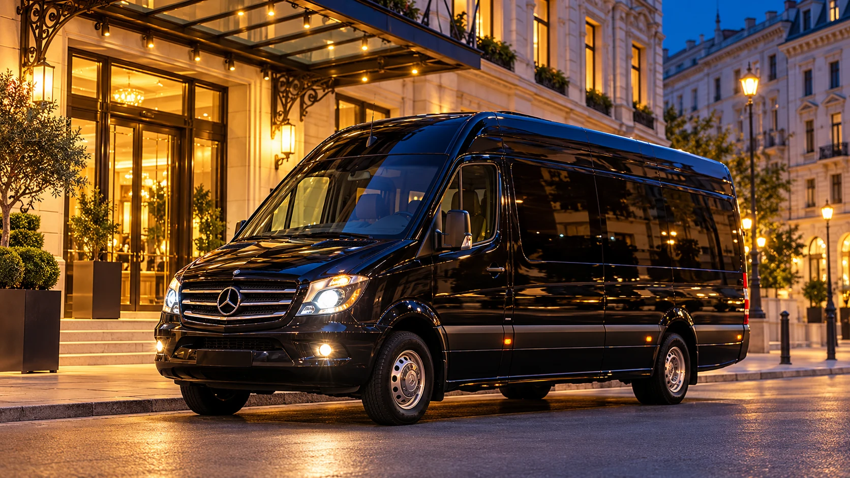 Black Mercedes Sprinter minibus outside an illuminated hotel at dusk.