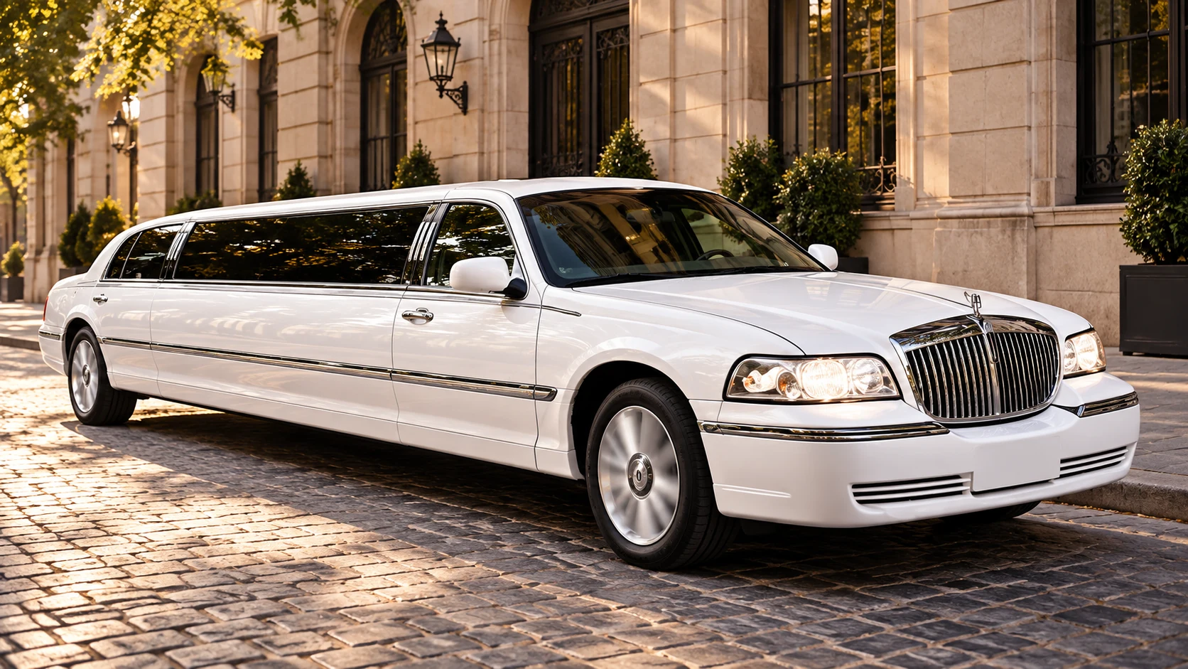 White Lincoln stretch limousine with a chrome grille outside an elegant stone building.